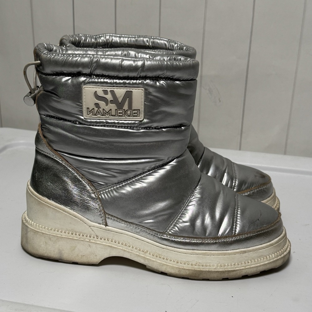 Sam Edelman Weather "Moon" Puffer Boots Metallic Silver Leather Winter Funky 8M
